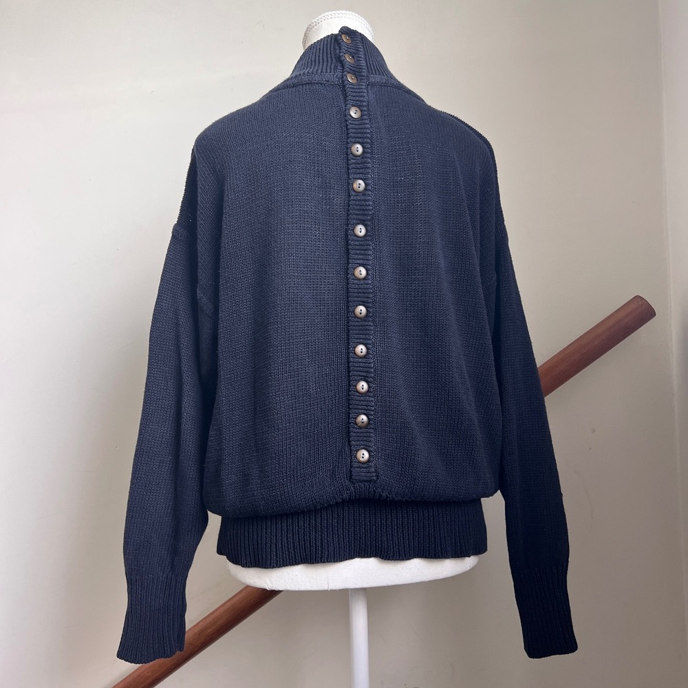 Vintage Baggy Minimalist Sweater Black Button‎ Back Unique Mock Neck Knit Top M